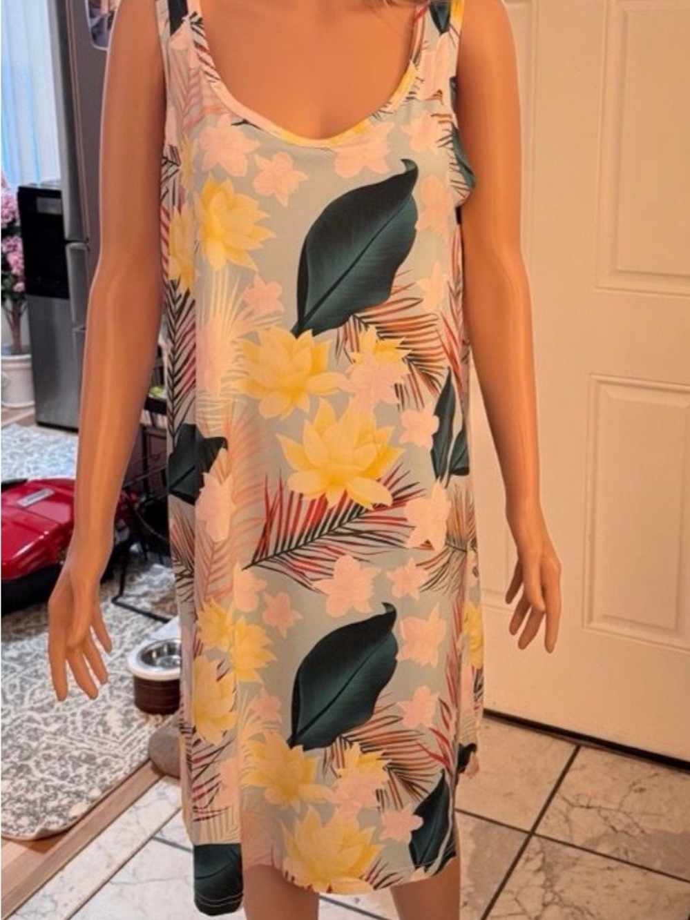 New Floral Tropical Scoop Neck Medium dress- Yellow & Teal